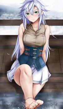 1girl barefoot belt_pouch breasts eiyuu_densetsu feet fie_claussell foot_focus green_eyes highres kagura_yuuto kuro_no_kiseki_(series) legs light_smile long_hair parted_bangs pouch small_breasts soaking_feet thighs white_hair