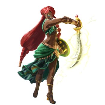 1girl absurdres ardi_(zelda) arm_up artist_request bare_shoulders blue_lips bracer braid brown_sandals closed_mouth crop_top dark-skinned_female dark_skin electricity eyeshadow female_focus fighting_stance full_body gem gerudo green_shirt green_skirt hair_over_one_eye heel_up high_heels highres holding holding_shield holding_sword holding_weapon hyrule_warriors:_age_of_imprisonment lipstick long_hair looking_afar low-tied_long_hair makeup multi-tied_hair navel official_art one_eye_covered pointy_ears red_gemstone red_hair sandals scimitar shield shirt simple_background single_braid skirt sleeveless sleeveless_shirt solo stomach sword the_legend_of_zelda the_legend_of_zelda:_tears_of_the_kingdom toned toned_female transparent_background very_long_hair weapon yellow_eyeshadow