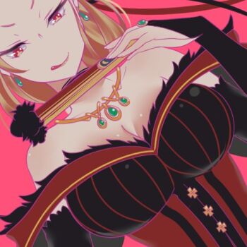 1girl bare_shoulders black_bridal_gauntlets breasts bridal_gauntlets choker cleavage commentary_request detached_sleeves dress earrings folding_fan hand_fan holding holding_fan jewelry large_breasts licking_lips long_hair looking_at_viewer lowres monochrome_background orange_hair priscilla_barielle re:zero_kara_hajimeru_isekai_seikatsu red_dress red_eyes sketch smile solo sumomo_h teardrop_earrings tongue tongue_out