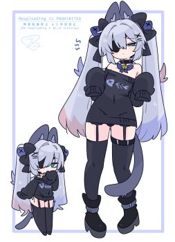 1boy animal_ear_fluff animal_ears ankle_boots bags_under_eyes bare_shoulders bell black_boots black_bow black_collar black_sweater black_thighhighs blue_bow blue_eyes blue_hair boots bow bulge cat_boy cat_ears cat_tail chibi collar collarbone colored_tips commentary crossdressing crossdressing_(mtf) expressionless eyepatch fish_skeleton fish_skeleton_print flipped_hair full_body garter_straps grey_tail hair_between_eyes hair_bow hair_intakes hair_ornament hand_up hands_up highres light_blush long_hair looking_at_viewer male_focus multicolored_hair multiple_views narrowed_eyes neck_bell no_nose no_pants one_eye_covered op_na_yarou original print_sweater quad_tails raised_inner_eyebrows red_hair rigel_(op_na_yarou) sidelocks simple_background sleeves_past_fingers sleeves_past_wrists standing straight_hair sweater tail thigh_strap thighhighs thighs trap very_long_hair watermark white_background white_hair x_hair_ornament