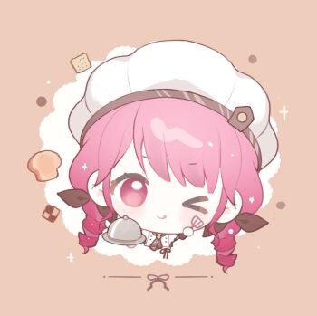 &gt;_o 1girl ;q apron ascot baonu_de_zhanshen_caibutou bow bread bread_slice brown_ascot brown_bow brown_ribbon brown_shirt brown_wrist_cuffs buttons checkerboard_cookie chef chef_hat chibi chinese_commentary closed_mouth commentary_request cookie cracker cropped_torso drill_hair eyelashes flat_top_chef_hat food frilled_apron frills hair_bow happy hat highres holding holding_plate holding_whisk infinity_nikki lid light_blush light_particles long_hair looking_at_viewer low_twintails nikki_(series) one_eye_closed orange_background pink_eyes pink_hair plate ribbon shirt short_sleeves smile solo sparkle striped_ascot sweet_traces_(infinity_nikki) tareme tongue tongue_out twin_drills twintails waist_ribbon whisk white_apron white_hat wrist_cuffs