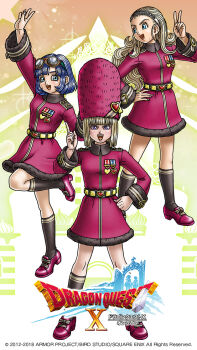 3girls anlucea arm_up artist_request black_socks blonde_hair blue_eyes blue_hair blunt_bangs blunt_ends bob_cut character_request copyright_logo curly_hair dragon_quest dragon_quest_x dress eyeshadow fur-trimmed_dress fur_trim goggles goggles_on_head hair_pulled_back hand_on_own_hip heart highres index_finger_raised kneehighs leg_up logo long_hair makeup medal mole mole_under_mouth multiple_girls official_alternate_costume official_art official_wallpaper open_mouth purple_eyes red_dress red_eyeshadow red_footwear seraphy_(dq10) short_hair silver_hairband smile socks third-party_source v