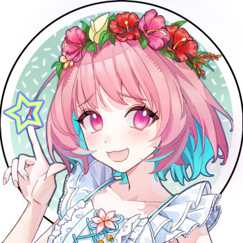 1girl :3 aqua_hair blush chinese_commentary collarbone colored_inner_hair commentary donut dress fanged_bangs fingernails flower food frilled_dress frills head_wreath hibiscus highres idolmaster idolmaster_cinderella_girls idolmaster_cinderella_girls_starlight_stage index_finger_raised karoo_(jieyuan231) looking_at_viewer medium_hair multicolored_hair open_mouth pink_eyes pink_flower pink_hair pink_nails red_flower simple_background sleeveless sleeveless_dress smile solo two-tone_hair white_background white_dress yellow_flower yumemi_riamu