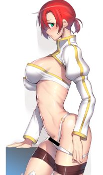 1girl arm_support ayakumo bar_censor bikini bikini_bottom_only blush boudica_(fate) breasts censored cowboy_shot fate/grand_order fate_(series) female_focus female_pubic_hair from_side green_eyes highleg highres long_sleeves looking_at_viewer medium_breasts narrow_waist navel open_mouth ponytail pubic_hair pussy red_hair short_hair shrug_(clothing) sideboob sidelocks solo strap_pull swimsuit teasing thigh_strap white_bikini