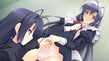 1boy 1girl antenna_hair black_dress blue_dress blue_eyes blue_hair blush bow bow_panties brother_and_sister bulge censored clothes_lift crossdressing dress dress_lift dutch_angle embarrassed erection erection_under_clothes game_cg half-siblings hetero incest indoors juliet_sleeves kokura_asahi lifting_own_clothes long_hair long_sleeves looking_at_penis maid maid_headdress mosaic_censoring necktie ookura_risona open_mouth otome_riron_to_sono_shuuhen:_ecole_de_paris panties penis penis_grab penis_in_panties pink_panties puffy_sleeves red_necktie siblings smile suzuhira_hiro sweatdrop trap underwear