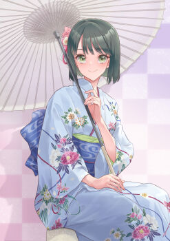 1girl absurdres blue_kimono blue_sash blunt_bangs blunt_ends bob_cut breasts checkered_background closed_mouth commentary floral_print floral_print_kimono flower green_hair hair_flower hair_ornament highres holding holding_umbrella japanese_clothes kimono kobassy link!_like!_love_live! looking_at_viewer love_live! medium_breasts momose_ginko obi obiage obijime pink_background print_kimono purple_background sash short_hair sitting smile solo split_mouth two-tone_background umbrella virtual_youtuber white_flower white_umbrella