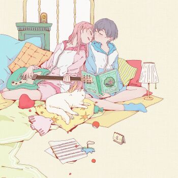 Rule 34 | 2girls, artist request, bang dream!, bang dream! it's mygo!!!!!, blue hoodie, blue socks, blush, calendar (object), cat, charm (object), chihaya anon, clock, closed eyes, closed mouth, commentary, commission, cushion, electric guitar, english commentary, grey hair, guitar, heart, heart-shaped pillow, highres, hood, hoodie, indoors, instrument, lamp, long hair, multiple girls, notebook, parted lips, pillow, pink hair, pink hoodie, pink shorts, second-party source, sheet music, short hair, shorts, simple background, socks, takamatsu tomori, white cat, yellow background, yuri