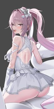 1girl absurdres alice_(marchen_dream)_(nikke) alice_(nikke) ass breasts commentary_request dress goddess_of_victory:_nikke grey_background hair_ornament highres korean_commentary large_breasts long_hair official_alternate_costume open_mouth panties pink_eyes pink_hair rabbit_hair_ornament seueo sitting smile solo twintails underwear very_long_hair white_dress white_panties