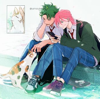 Rule 34 | 2boys, animal, backpack, bag, blue pants, calico (pattern), cat, cellphone, cherry blossom (sk8), closed eyes, collared shirt, commentary, curtained hair, elbow on knee, green hair, green jacket, hair behind ear, head rest, holding, holding phone, iphone, jacket, joe (sk8), long hair, male focus, multicolored cat, multiple boys, necktie, open clothes, open jacket, open mouth, outdoors, pants, parted hair, phone, pink hair, plaid clothes, plaid pants, purple shoes, raised curb, red necktie, shirt, shoelaces, shoes, sitting, sk8 the infinity, skateboard, sleeves past wrists, smartphone, sneakers, symbol-only commentary, twitter username, whiskers, white background, white shirt, wing collar, yamasuke040