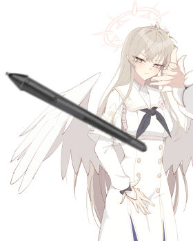 1girl absurdres angel_wings artist_request blue_archive breasts dress eye_color_request feathered_wings flower hair_color_request hair_flower hair_ornament halo highres long_hair long_sleeves looking_at_viewer medium_breasts meme nagisa_(blue_archive) stylus throwing white_dress white_wings wings woe_plague_be_upon_ye_(meme)