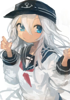1girl absurdres anchor_symbol black_sailor_collar blue_eyes closed_mouth commentary flat_cap grey_hair hair_between_eyes hat hibiki_(kancolle) highres kaamin_(mariarose753) kantai_collection long_hair long_sleeves neckerchief red_neckerchief sailor_collar school_uniform serafuku simple_background solo upper_body very_long_hair white_background