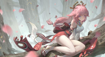 Rule 34 | 1girl, animal ears, breasts, cherry blossoms, commentary, detached sleeves, english commentary, floppy ears, fox ears, genshin impact, hair ornament, highres, japanese clothes, jay xu, large breasts, long hair, looking at viewer, low-tied long hair, nontraditional miko, pink hair, purple eyes, sitting, sitting on branch, smile, thighs, tree, wide sleeves, yae miko, yokozuwari