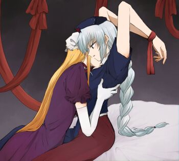 2girls arms_behind_head bed_sheet blonde_hair blue_dress bound bound_wrists braid choker commentary_request dress elbow_gloves gloves grey_eyes hat kiss kissing_neck long_hair mob_cap mochimo-cheese multiple_girls nurse_cap parted_lips purple_dress red_dress short_sleeves sitting touhou two-tone_dress white_gloves white_hair yagokoro_eirin yakumo_yukari yuri