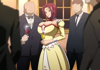1girl 4boys absurdres breasts bursting_breasts code_geass dress highres huge_breasts iwao178 kouzuki_kallen large_breasts multiple_boys red_hair short_hair standing