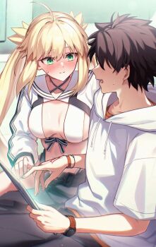 1boy 1girl ahoge artoria_caster_(fate) artoria_caster_(swimsuit_berserker)_(first_ascension)_(fate) artoria_pendragon_(fate) asymmetrical_clothes bikini black_hair black_pants blonde_hair blush breasts cleavage command_spell commission fate/grand_order fate_(series) fujimaru_ritsuka_(male) fujimaru_ritsuka_(male)_(summer_street) green_eyes highres hooded_shirt kpaoi long_hair long_sleeves medium_breasts navel open_mouth pants shirt short_hair short_sleeves shrug_(clothing) single_pantsleg skeb_commission swimsuit tablet_pc thighs twintails white_bikini white_shirt white_shrug