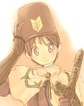 Rule 34 | 1boy, brown eyes, brown gloves, brown hair, brown hat, brown shirt, capelet, closed mouth, commentary request, dated commentary, gloves, hat, holding, holding sword, holding weapon, looking at viewer, lowres, male focus, oomojiya, ragnarok online, shako cap, shirt, short hair, smile, solo, sword, swordsman (ragnarok online), weapon, white capelet