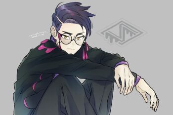 1boy arm_on_knee black-framed_eyewear black_coat black_pants closed_mouth coat commentary_request corbeau_(pokemon) dated glasses grey_background highres lapels layered_sleeves long_sleeves looking_at_viewer male_focus nem_hrn nintendo pants parted_hair pokemon pokemon_legends:_z-a purple_hair purple_shirt round_eyewear shirt short_hair slit_pupils solo tassel yellow_eyes
