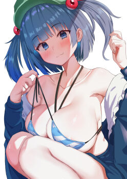 1girl bikini blue_bikini blue_eyes blue_hair blush breasts cleavage closed_mouth collarbone commentary_request ebi_193 green_hat hair_bobbles hair_ornament hat highres huge_breasts kawashiro_nitori looking_at_viewer multicolored_bikini pulling_own_clothes short_hair simple_background smile solo striped_bikini striped_clothes swimsuit touhou two-tone_bikini two_side_up variant_set white_background white_bikini