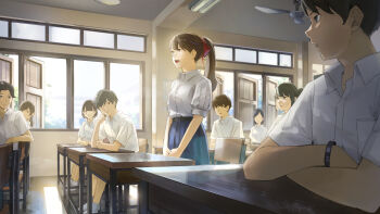 4boys 5girls absurdres arm_rest belt berrycha11_(rmeiz147) black_belt black_eyes black_hair blue_skirt breasts ceiling_fan chair classroom collared_shirt day desk elbow_rest hair_ribbon highres indoors long_hair looking_at_another multiple_boys multiple_girls open_mouth open_window original ponytail puffy_short_sleeves puffy_sleeves red_ribbon ribbon school_chair school_desk school_uniform shirt shirt_tucked_in short_hair short_sleeves skirt small_breasts socks standing summer_uniform v_arms white_shirt white_socks window wing_collar wristband
