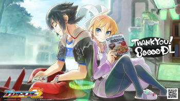 1boy 1girl alien animal_slippers apron back-to-back black_hair black_pantyhose blaster_master_zero book bow casual cat_slippers closed_eyes cookbook dress earphones earrings english_text eve_(blaster_master_zero) fred_(blaster_master_zero) frog hair_bow highres inti_creates jason_frudnick jewelry logo long_hair looking_at_another multicolored_hair natsume_yuji official_art official_wallpaper pantyhose purple_dress qr_code sharing short_hair sitting slippers smile streaked_hair thank_you thighband_pantyhose tree white_bow window