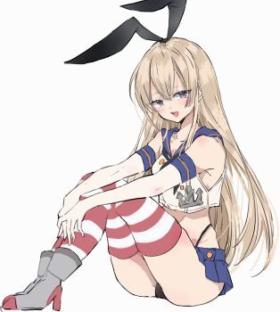 1girl anchor_hair_ornament black_hairband black_neckerchief black_panties blonde_hair blue_sailor_collar blue_skirt chigasaki_yukari commentary_request crop_top elbow_gloves full_body gloves grey_eyes hair_ornament hairband highleg highleg_panties highres kantai_collection long_hair looking_at_viewer microskirt miniskirt neckerchief panties pleated_skirt sailor_collar shimakaze_(kancolle) shirt simple_background skirt sleeveless sleeveless_shirt smile solo striped_clothes striped_thighhighs thighhighs underwear white_background white_gloves
