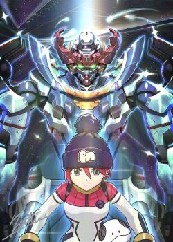 1girl amate_yuzuriha aqua_eyes bodysuit breasts closed_mouth glowing gquuuuuux green_eyes gundam gundam_gquuuuuux hat holding holding_weapon looking_at_viewer mecha mecha_pilot_suit mobile_suit multicolored_bodysuit normal_suit_(gundam) piloting red_hair robot science_fiction short_hair space totthii0081 v-fin weapon