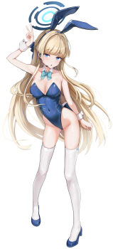1girl absurdres animal_ears aqua_bow ass blonde_hair blue_archive blue_eyes blue_halo blush bow braid breasts cleavage commentary_request covered_navel detached_collar ebusa fake_animal_ears full_body hair_between_eyes hair_intakes halo highres long_hair looking_at_viewer medium_breasts official_alternate_costume open_mouth parted_lips playboy_bunny rabbit_ears rabbit_girl side_braid solo standing thick_thighs thighhighs thighs toki_(blue_archive) toki_(bunny)_(blue_archive) v white_background white_thighhighs white_wrist_cuffs wrist_cuffs