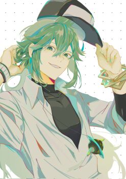 1boy adz8bsne0df4geb black_shirt green_eyes green_hair hair_between_eyes hat highres holding holding_unworn_clothes holding_unworn_hat long_hair long_sleeves looking_at_viewer male_focus n_(pokemon) nintendo pokemon pokemon_bw removing_hat shirt smile solo undershirt unworn_hat unworn_headwear upper_body white_shirt