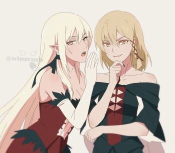 2girls arm_under_breasts artist_logo artist_name bare_shoulders black_dress black_ribbon blonde_hair braid breasts cleavage collarbone commentary deathtopia_virtuoso_suicide-master dress elbow_gloves eyelashes fangs feather-trimmed_dress feather_trim film_grain fooring from_side gloves hair_between_eyes hair_ribbon hand_on_own_chin hand_up highres kiss-shot_acerola-orion_heart-under-blade logo long_hair looking_at_viewer looking_to_the_side medium_breasts medium_hair monogatari_(series) multiple_girls off-shoulder_dress off_shoulder open_mouth oshino_shinobu parted_lips pointy_ears red_dress red_ribbon ribbon shinobumonogatari short_sleeves shoulder_blush side-by-side side_braid sidelocks simple_background sleeveless sleeveless_dress slit_pupils smile strapless strapless_dress teeth thick_eyebrows twitter_username two-tone_dress upper_body upper_teeth_only vampire very_long_hair whispering white_background white_gloves wide_sleeves yellow_eyes