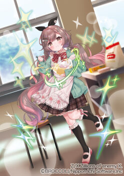 1girl apron black_bow black_socks bow bowl bowtie brown_eyes brown_hair brown_skirt cardigan closed_mouth colette_(z/x) copyright_notice desk green_cardigan hair_bow hair_ornament hairpin holding holding_bowl holding_whisk indoors kneehighs long_hair low_twintails mixing_bowl multicolored_hair official_art pico_(p_i_c_o) pink_hair plaid_clothes plaid_skirt shirt shoes skirt socks solo sparkle standing standing_on_one_leg stool striped_bow striped_bowtie striped_clothes twintails uwabaki whisk white_apron white_shirt window z/x