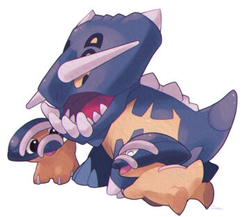 animal_focus bastiodon black_eyes bright_pupils chromatic_aberration colored_sclera commentary_request evolutionary_line full_body gen_4_pokemon highres looking_back nintendo no_humans open_mouth ouran pokemon pokemon_(creature) running shieldon simple_background white_background white_pupils yellow_sclera