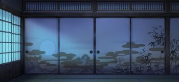 bamboo_print cloud_print eientei folding_screen fusuma game_cg indoors moon_print mountain_print night no_humans non-web_source official_art scenery shouji sliding_doors tatami touhou touhou_gensou_eclipse