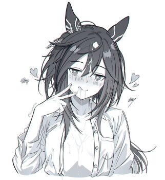 1girl :q animal_ears blush breasts commentary_request ear_covers hair_between_eyes heart heart-shaped_pupils horse_ears horse_girl long_hair long_sleeves looking_at_viewer open_clothes open_shirt saliva small_breasts solo stay_gold_(umamusume) symbol-shaped_pupils tongue tongue_out twitter_username umamusume upper_body urururike