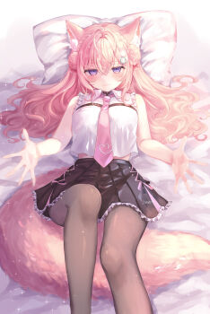 1girl absurdres animal_ears black_skirt blush commentary_request hakui_koyori hakui_koyori_(1st_costume) highres hololive hug_invitation long_hair lying necktie on_back on_bed pantyhose pillow pink_hair pink_necktie purple_eyes shirt signature skirt sleeveless sleeveless_shirt tail virtual_youtuber wolf_ears wolf_tail y_w_uuu