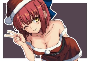 1girl alternate_costume blue_bow blush bow breasts christmas cleavage commentary d8282not dress english_commentary hair_bow hat kohaku_(tsukihime) looking_at_viewer one_eye_closed red_hair red_nails santa_costume santa_dress santa_hat short_hair smile solo tsukihime v