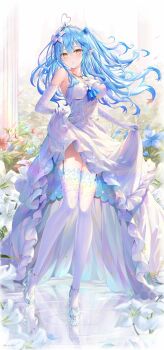1girl ahoge alternate_hairstyle blue_hair blush breasts colored_tips dress elbow_gloves elf floating floating_hair flower full_body gloves hair_flower hair_ornament heart heart_ahoge high_heels highres hololive jewelry large_breasts long_hair looking_at_viewer multicolored_hair necklace pointy_ears rin_yuu shoes solo streaked_hair thighhighs tiara two_side_up virtual_youtuber walking wedding_dress white_dress white_gloves white_shoes white_thighhighs yellow_eyes yukihana_lamy