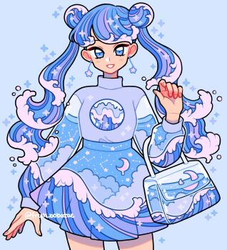 1girl bag blue_background blue_eyes blue_hair blue_theme constellation_print cowboy_shot crescent_moon cropped_sweater double_bun earrings elbow_carry emily_kim hair_bun handbag highres jewelry liquid liquid_hair long_sleeves moon original pastel_colors pleated_skirt simple_background skirt sparkle star_(symbol) star_earrings sweater twintails twitter_username wave_print