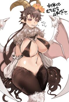 Rule 34 | 1girl, @ @, alternate hair length, alternate hairstyle, black eyes, black fur, black hair, black skin, body fur, breasts, brown horns, colored skin, cosplay, cowboy shot, dark young (fate), dark young (fate) (cosplay), demon wings, detached sleeves, fate/grand order, fate (series), flower, fujimaru ritsuka (male), fusion, genderswap, genderswap (mtf), hair flower, hair ornament, highres, horns, huge breasts, long hair, masao sao, monster girl, navel, parted bangs, pointy ears, sharp teeth, shiny skin, simple background, solo, standing, teeth, thighs, tongue, tongue out, white background, white fur, white sleeves, white wings, wings