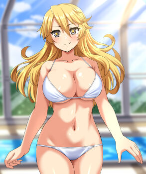1girl absurdres bikini blonde_hair blue_sky blush breasts cleavage cloud commentary_request commission cowboy_shot highres iowa_(kancolle) kantai_collection large_breasts long_hair looking_at_viewer navel pixiv_commission poolside sky smile solo star-shaped_pupils star_(symbol) swimsuit symbol-shaped_pupils variant_set white_bikini zanntetu