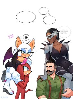 2boys 2girls bat_girl bat_wings blush carrying carrying_person commentary coupe_(dispatch) dark-skinned_female dark_skin dispatch echidna_boy english_commentary english_text furry furry_female furry_male green_shirt highres knuckles_the_echidna kukuu looking_at_another multiple_boys multiple_girls punch_up_(dispatch) rouge_the_bat shirt sitting_on_shoulder sonic_the_hedgehog spoken_squiggle squiggle superhero_costume suspenders white_background wings
