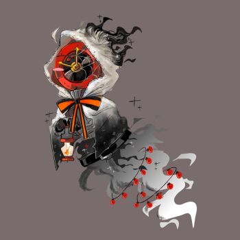 1other black_bow black_bowtie black_fire black_gloves bow bowtie cloak clock dante_(limbus_company) fire ghost gloves grey_sweater greyscale highres holding holding_lantern lantern limbus_company monochrome object_head project_moon silk simple_background solo sparkle spider_web sweater white_cloak white_fire yishang20080516