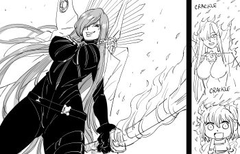 2girls :d bb_(baalbuddy) belt bodysuit breasts burning cape empty_eyes fate/grand_order fate_(series) fire flaming_sword flaming_weapon greyscale grin hair_over_one_eye highres holding holding_sword holding_weapon large_breasts long_hair looking_at_viewer monochrome multiple_girls oda_nobunaga_(fate) oda_nobunaga_(maou_avenger)_(fate) one_eye_covered open_mouth riyo_(lyomsnpmp)_(style) smile sword very_long_hair weapon wide-eyed