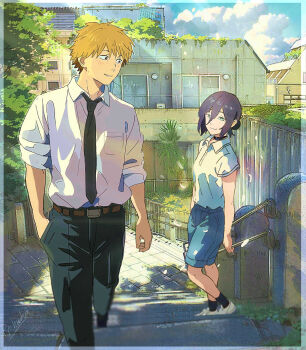 1boy 1girl black_choker black_pants chainsaw_man choker collared_shirt denji_(chainsaw_man) hair_bun highres necktie pants reze_(chainsaw_man) ryowelcome1 shirt shirt_tucked_in single_hair_bun sleeves_rolled_up white_shirt