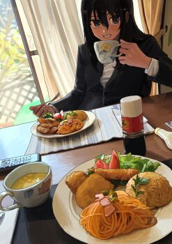 1girl black_hair black_jacket chicken_(food) cup dutch_angle food food_focus fork fried_chicken highres holding holding_cup holding_fork indoors jacket lettuce long_hair long_sleeves looking_at_viewer noodles obon_(ensoku_300en) original placemat plate rice shrimp shrimp_tempura sitting smile solo table tempura tomato tomato_slice