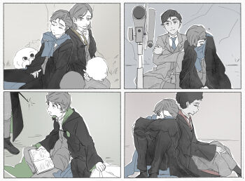 2girls 3boys amit_thakkar black_coat black_robe book coat commentary_request dark-skinned_female dark-skinned_male dark_skin freckles gryffindor harry_potter_(series) highres hogwarts_legacy hogwarts_school_uniform holding holding_wand hooded_robe hufflepuff leaning_on_person long_skirt multiple_boys multiple_girls natsai_onai necktie pants plaid_clothes plaid_pants plaid_skirt poppy_sweeting ravenclaw robe scarf school_uniform sebastian_sallow short_hair sitting skirt sleeping slytherin wand wizarding_world yuzuka239