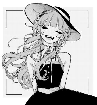 1girl ^_^ blunt_bangs blush closed_eyes commentary dress earrings fall_in_love_you_false_angels floating_hair greyscale halter_dress halterneck hat highres jewelry katsura_otogi monochrome open_mouth pearl_earrings smile solo symbol-only_commentary upper_body uzcoco_66