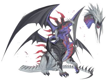 Rule 34 | 1other, absurdres, animal hands, black scales, black skin, black wings, centauroid, claws, clenched teeth, colored skin, colored teeth, dragon tail, dragon wings, full body, grey hair, grey scales, highres, leviair, long pointy ears, looking at viewer, looking to the side, monster, multiple views, multiple wings, no humans, orange eyes, original, pointy ears, purple scales, purple skin, red eyes, red teeth, scales, sharp teeth, sidelocks, simple background, sitting, spines, tail, taur, teeth, white background, wings