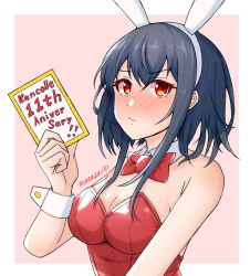 Rule 34 | animal ears, anniversary, black hair, bow, bowtie, card, copyright name, detached collar, highres, kantai collection, leotard, looking at viewer, minase00, pink background, playboy bunny, rabbit ears, red bow, red bowtie, red eyes, red leotard, short hair, short hair with long locks, strapless, strapless leotard, two-tone background, upper body, wrist cuffs, yamashiro (kancolle)