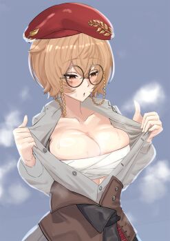Rule 34 | 1girl, alternate breast size, breasts, brown eyes, brown hair, chest sarashi, clio aite, clio aite (clio 2.0), collarbone, glasses, grey shirt, hat, heiz illust, highres, large breasts, partially unbuttoned, phase connect, red hat, round eyewear, sarashi, scar, scar across eye, scar on face, shirt, short hair, solo, steaming body, sweat, virtual youtuber