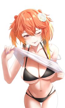 Rule 34 | 1girl, ;p, bikini, black bikini, blonde hair, breasts, clothes lift, double bun, earrings, gradient hair, hair bun, hashtag-only commentary, highres, hololive, hololive english, jewelry, large breasts, lifting own clothes, looking at viewer, multicolored hair, navel, o-ring, o-ring bikini, one eye closed, orange hair, purple eyes, purple nails, shirt lift, si farid, simple background, solo, swimsuit, takanashi kiara, tongue, tongue out, virtual youtuber, white background